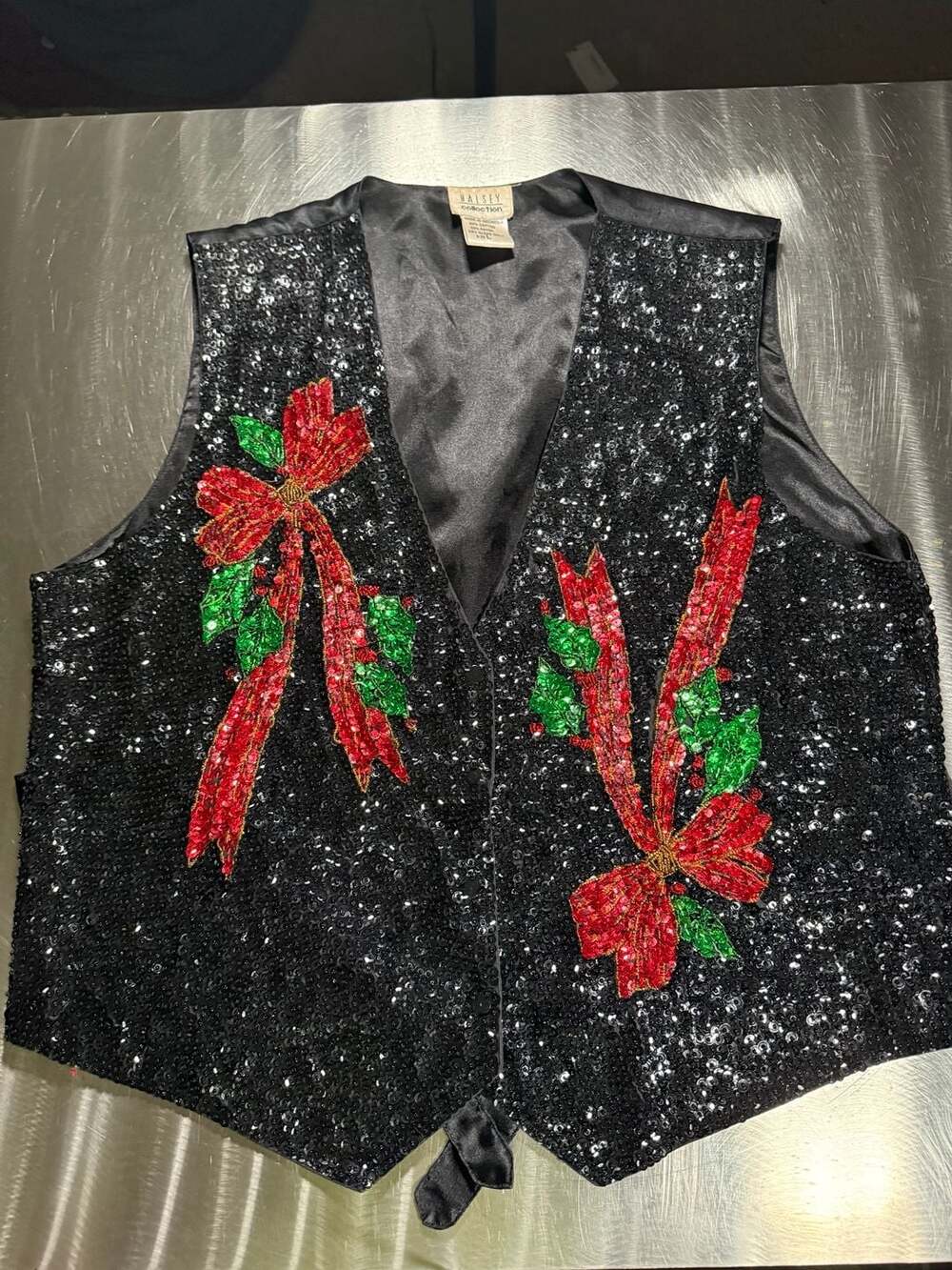 Halsey Collection Women's Size L Black Sequin Christmas Bow Holiday Vest